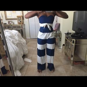 Navy blue and white striped romper